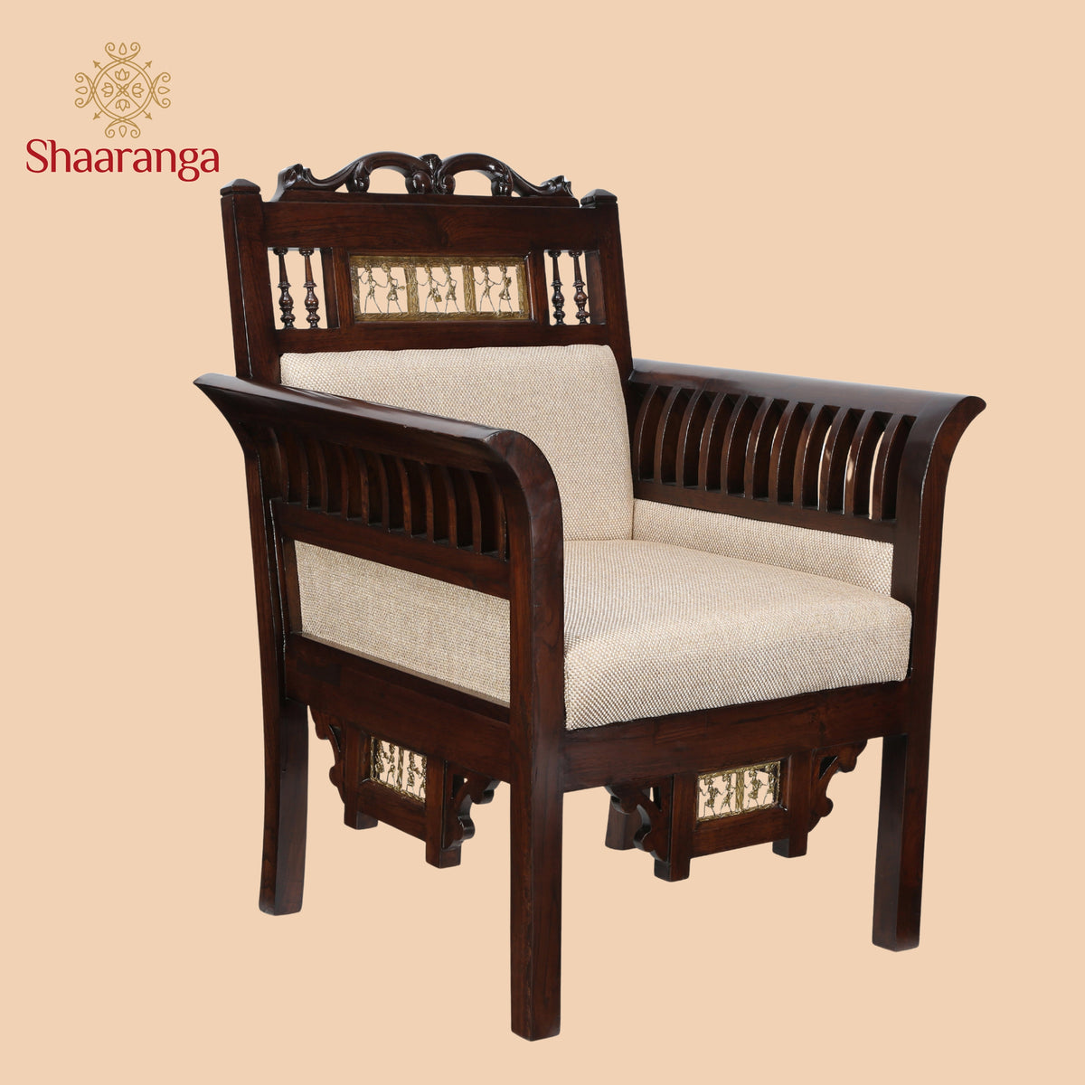 Maharaja Single Seater Sofa in Teakwood with Walnut Finish adorned with Dhokra Brass Frames (38x30x26)