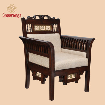 Maharaja Single Seater Sofa in Teakwood with Walnut Finish adorned with Dhokra Brass Frames (38x30x26)