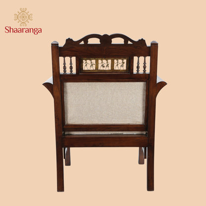 Maharaja Single Seater Sofa in Teakwood with Walnut Finish adorned with Dhokra Brass Frames (38x30x26)