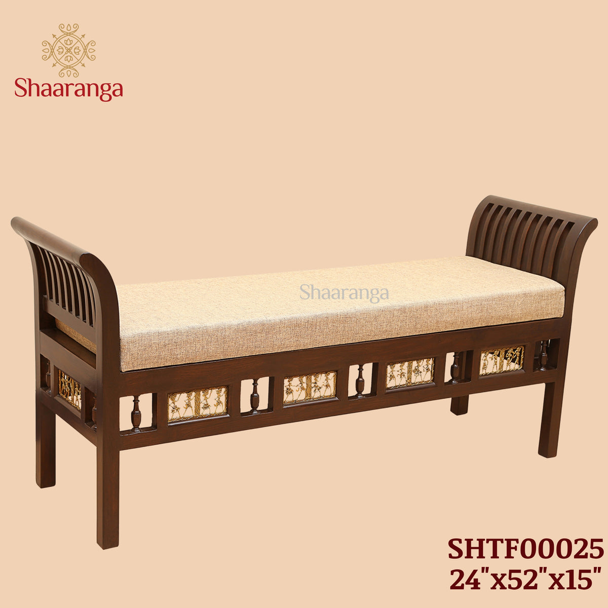 Myla-III Ottoman Cushioned Double Seater in Striped Wood Pattern finished in Walnut Color (24x52x15) (Re-Order 45 days)