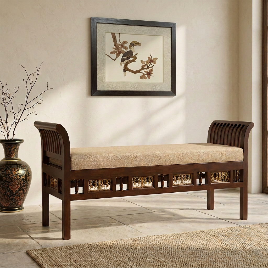 Myla-III Ottoman Cushioned Double Seater in Striped Wood Pattern finished in Walnut Color (24x52x15) (Re-Order 45 days)