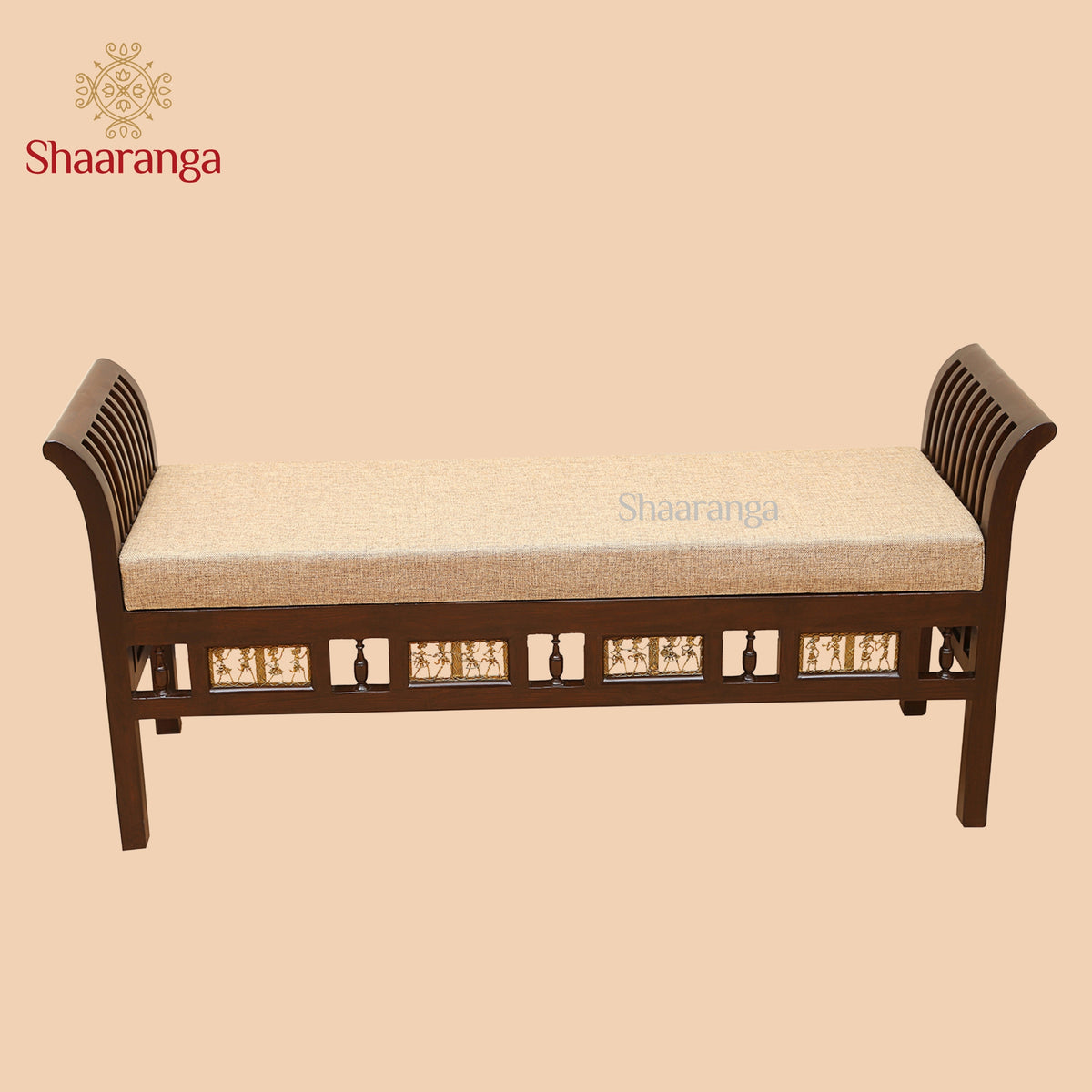 Myla-III Ottoman Cushioned Double Seater in Striped Wood Pattern finished in Walnut Color (24x52x15) (Re-Order 45 days)