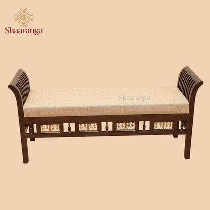 Myla-III Ottoman Cushioned Double Seater in Striped Wood Pattern finished in Walnut Color (24x52x15) (Re-Order 45 days)