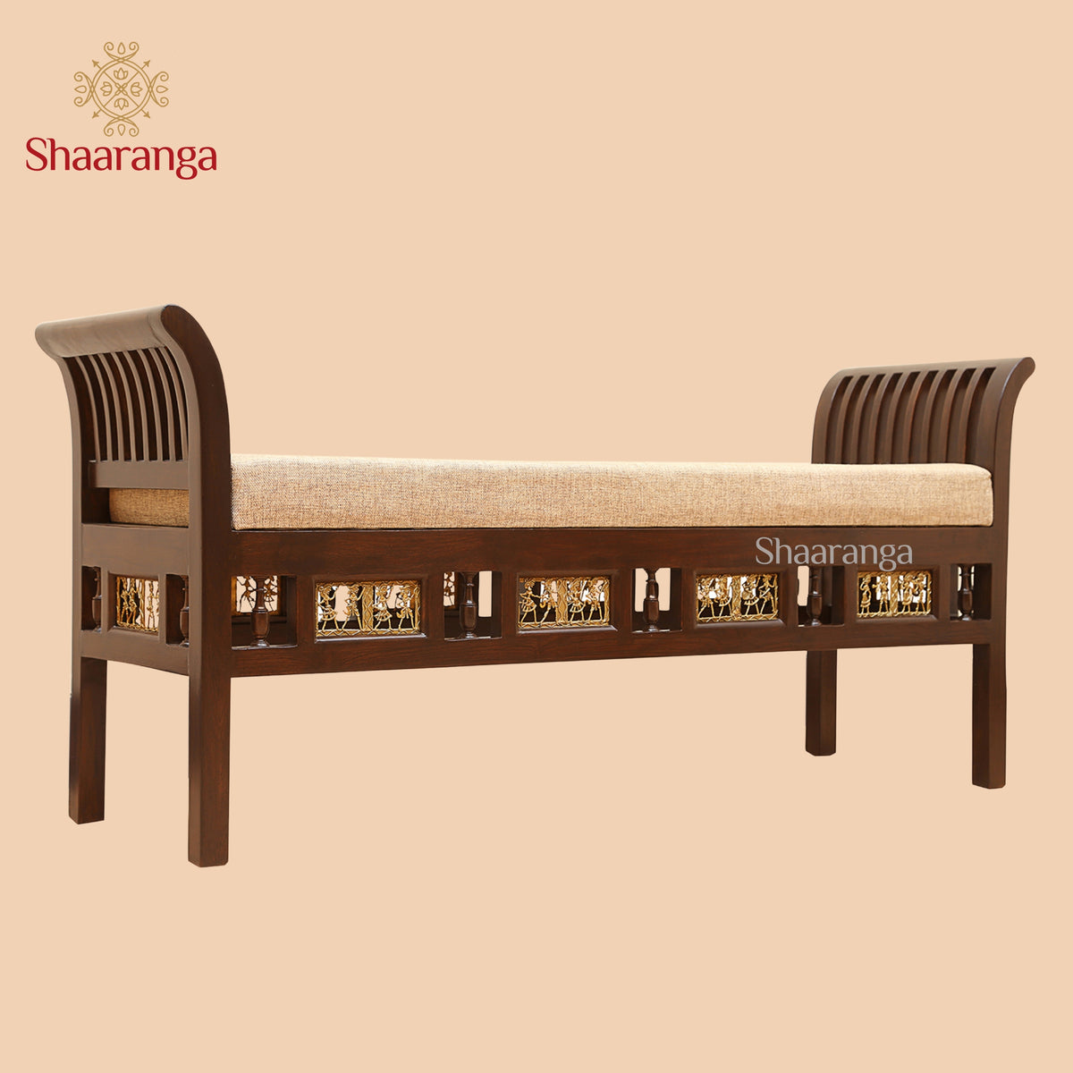 Myla-III Ottoman Cushioned Double Seater in Striped Wood Pattern finished in Walnut Color (24x52x15) (Re-Order 45 days)
