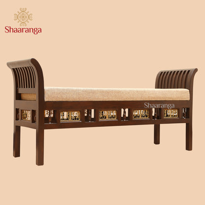 Myla-III Ottoman Cushioned Double Seater in Striped Wood Pattern finished in Walnut Color (24x52x15) (Re-Order 45 days)