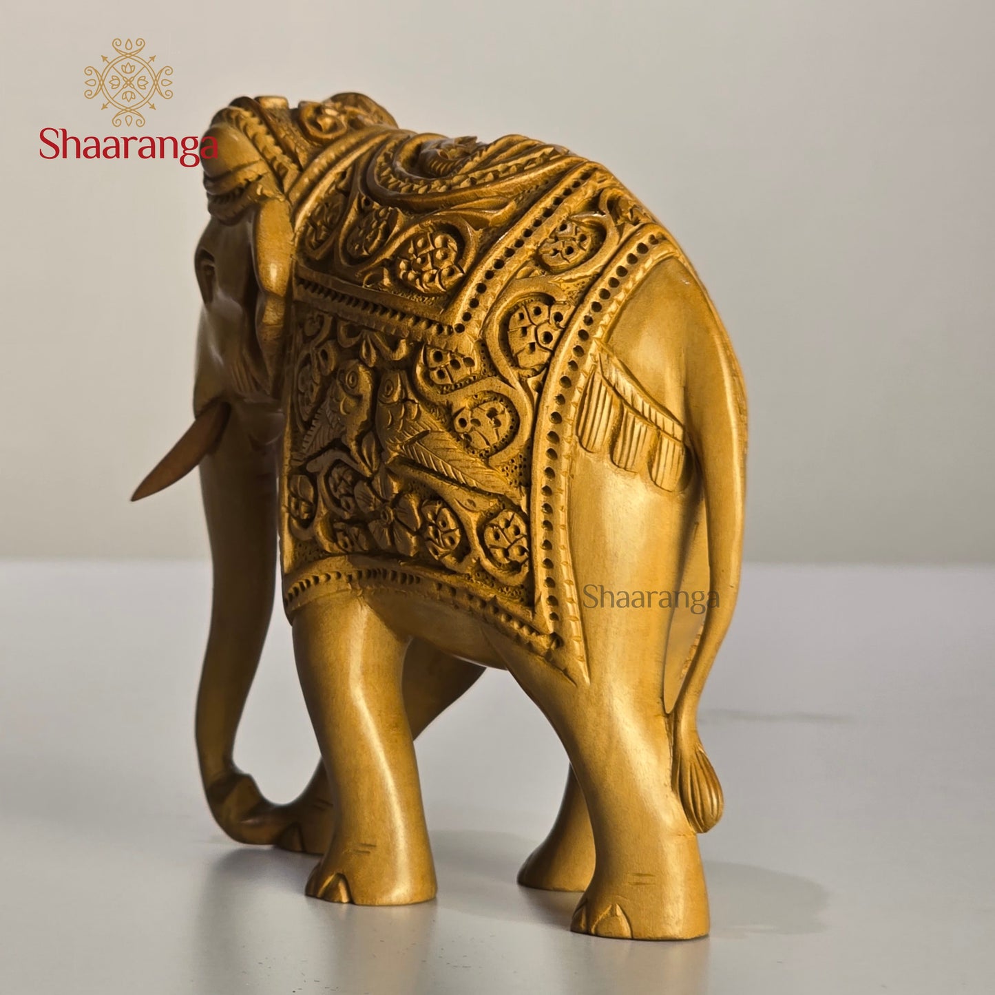 4.5 Inches Wooden Elephant with Double Parrot Carved