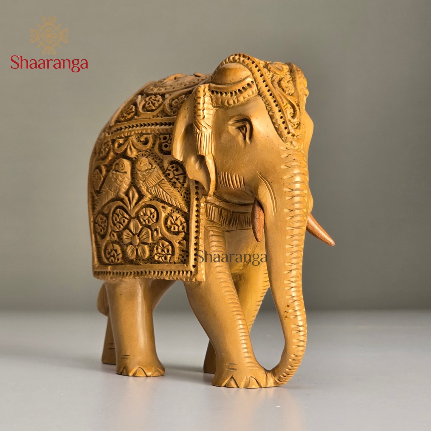 4.5 Inches Wooden Elephant with Double Parrot Carved