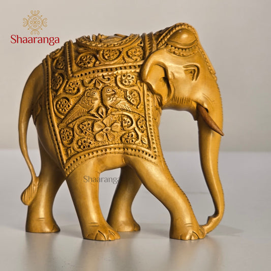 4.5 Inches Wooden Elephant with Double Parrot Carved