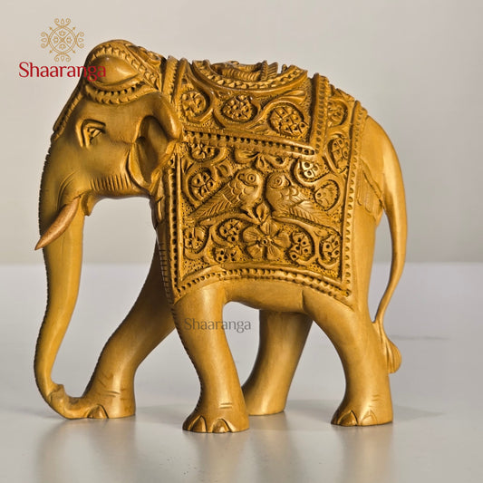4.5 Inches Wooden Elephant with Double Parrot Carved