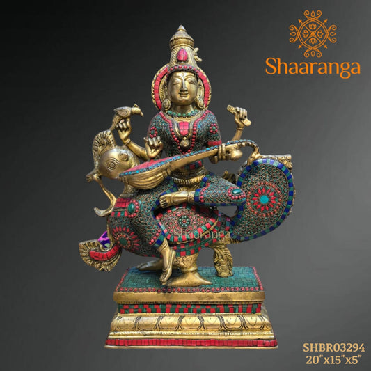 20 Inch Brass Saraswathi devi Idol Sitting On Swan with Stone work.