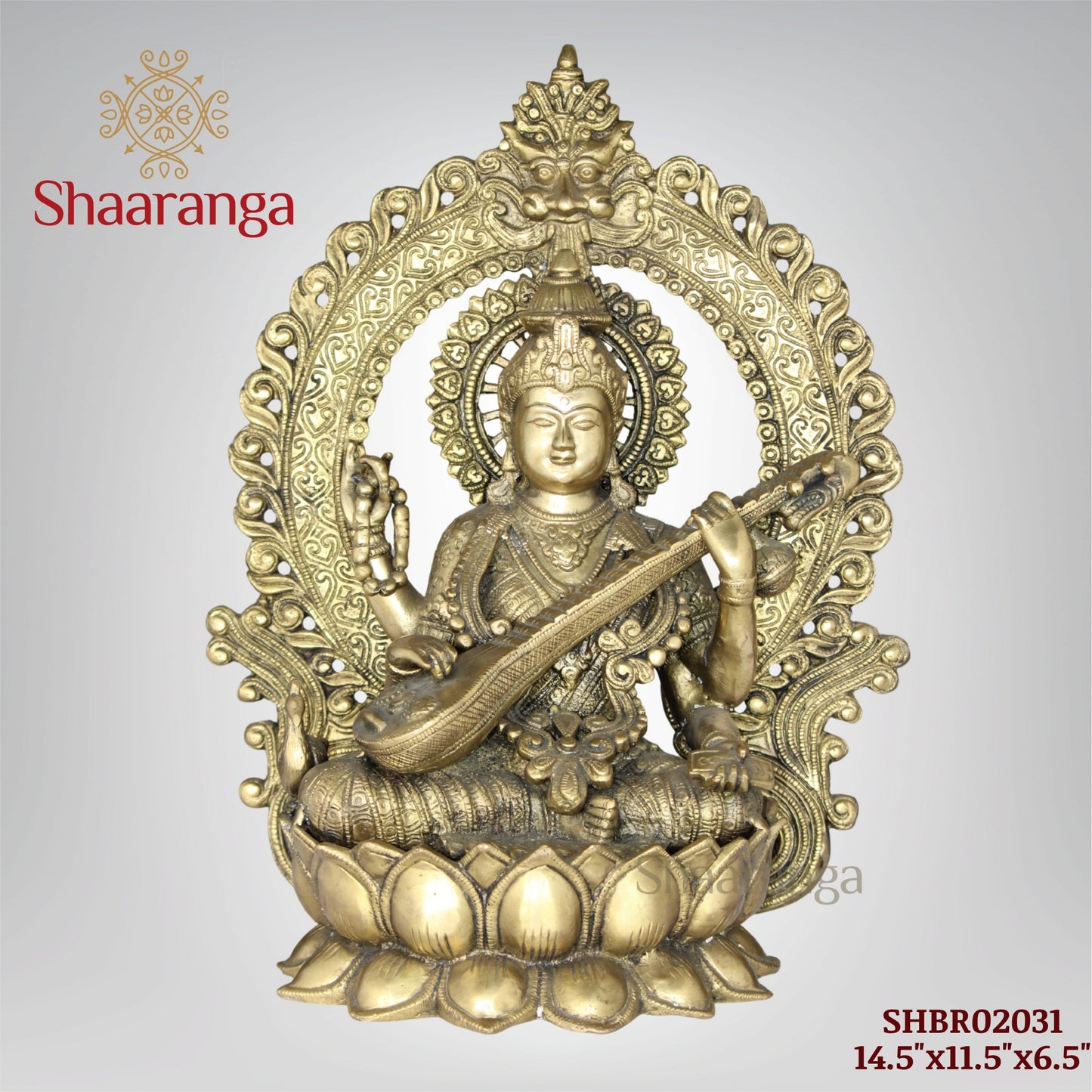 14.5 Inches Brass Saraswathi devi Idol with Arch Sitting on Lotus Base