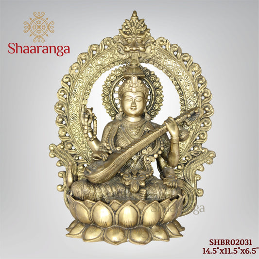 14.5 Inches Brass Saraswathi devi Idol with Arch Sitting on Lotus Base
