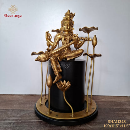 19 Inches Brass Saraswathi With Flower