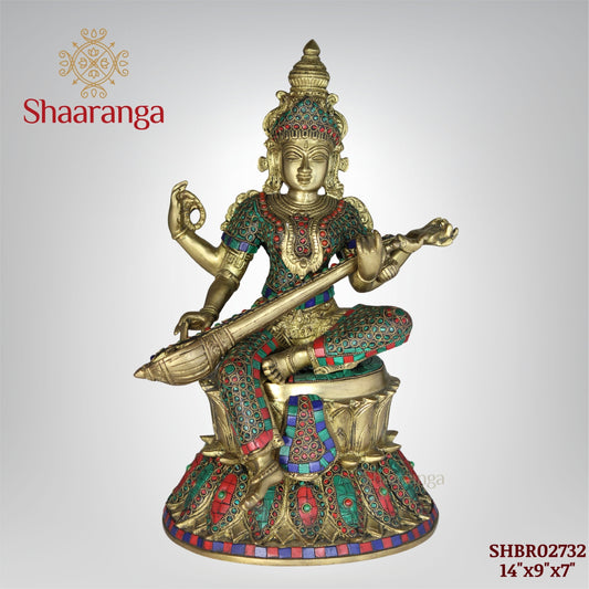 14 Inches Brass Saraswathi devi Idol Sitting on Lotus Base with Stone work