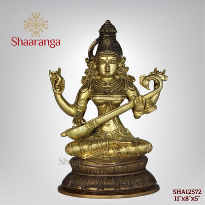 11 Inches Brass Saraswathi devi Idol Sitting on Base.