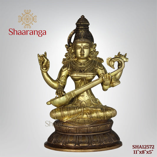 11 Inches Brass Saraswathi devi Idol Sitting on Base.