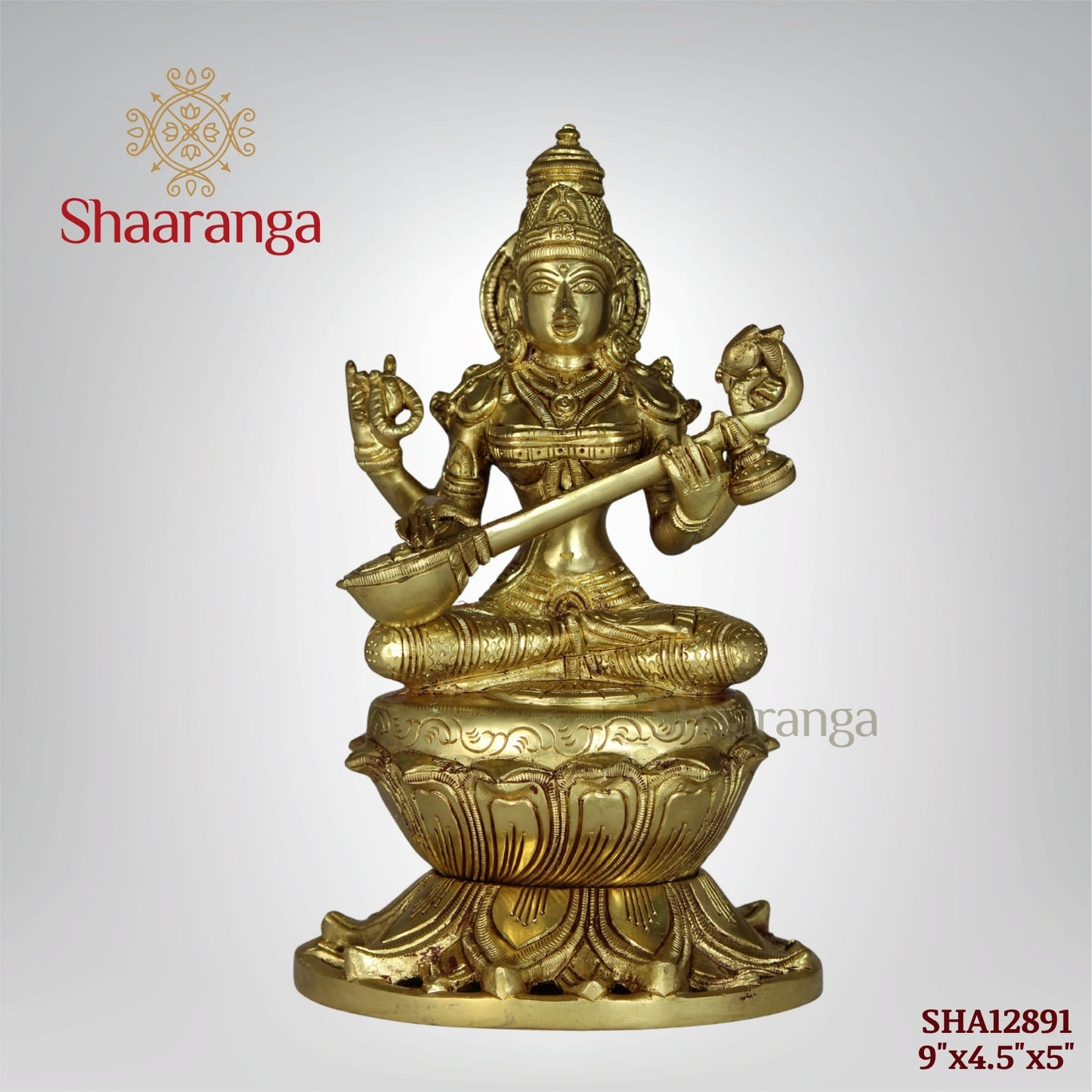 9 Inches Brass Saraswathi devi Idol  Sitting on Lotus Base