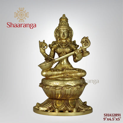 9 Inches Brass Saraswathi devi Idol  Sitting on Lotus Base