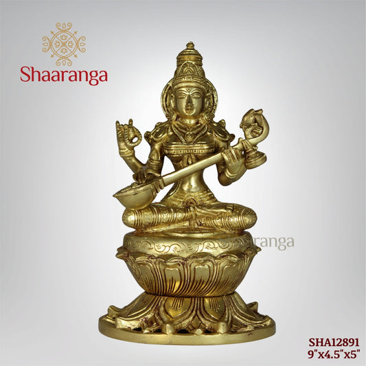 9 Inches Brass Saraswathi devi Idol  Sitting on Lotus Base