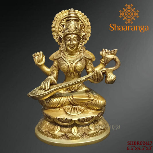 6.5 Inches Brass Saraswati devi Idol Sitting on Base