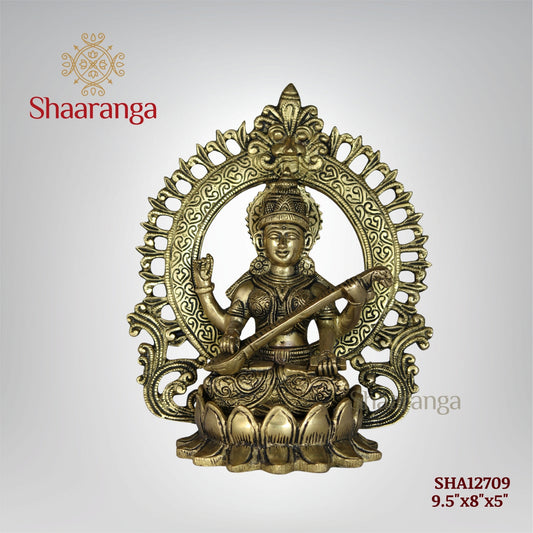 9.5 Inches Brass Lotus Saraswathi devi idol with Arch