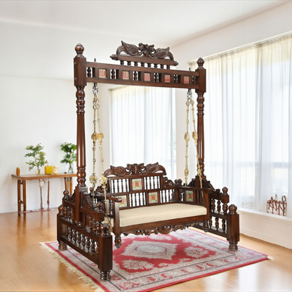 Padmini Teakwood Swing (Jhoola) in Walnut Finish adorned with Oriental Carvings and Tribal Artwork (65x48x80)