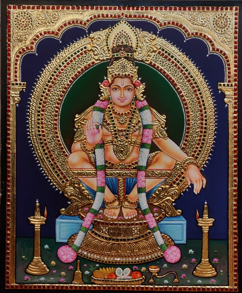 21x19 Inches Sri Ayyappa Swamy Tanjore Painting with 22K Gold Work