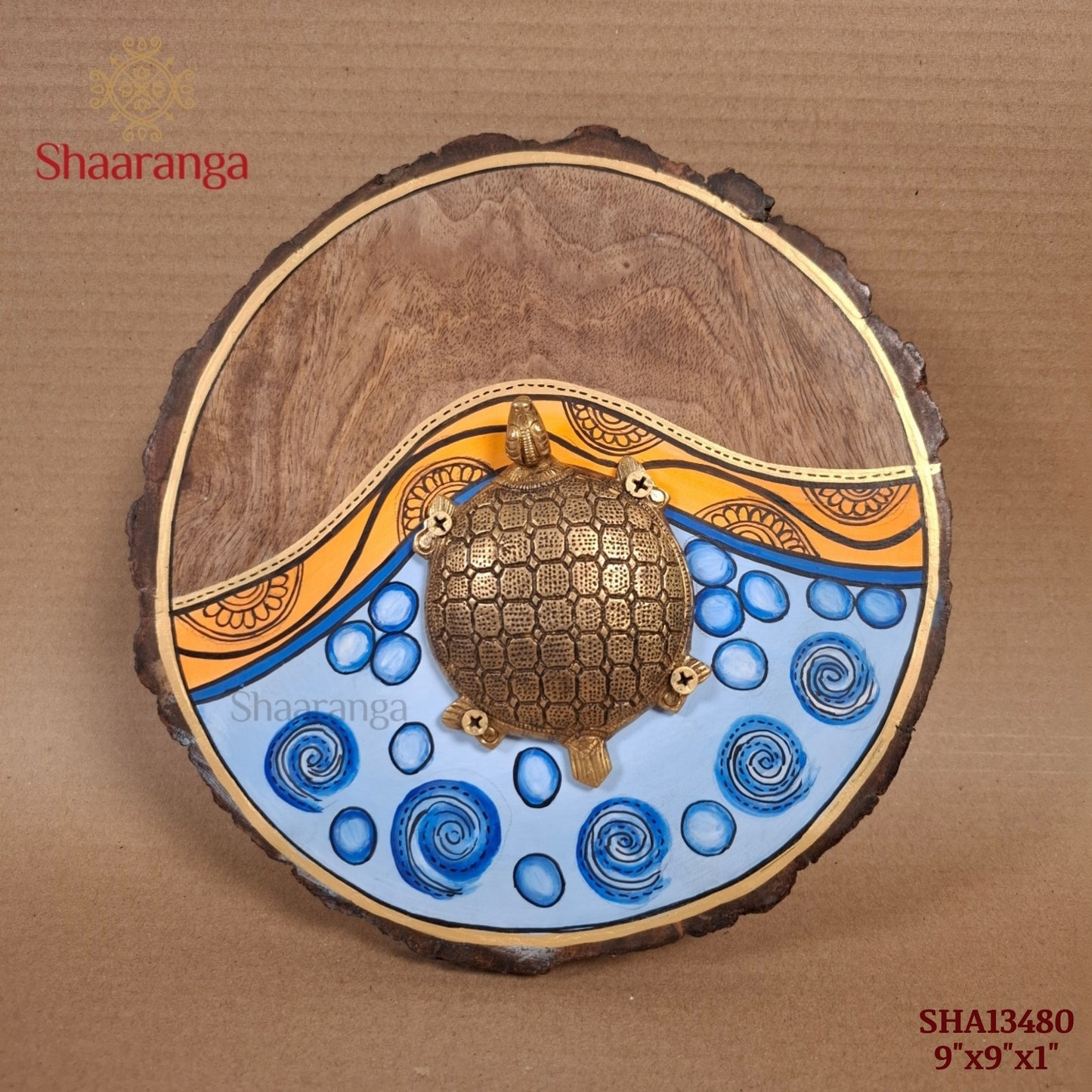 9 Inches Brass Tortoise With Round Wooden Frame