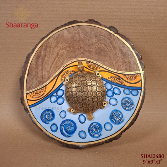 9 Inches Brass Tortoise With Round Wooden Frame