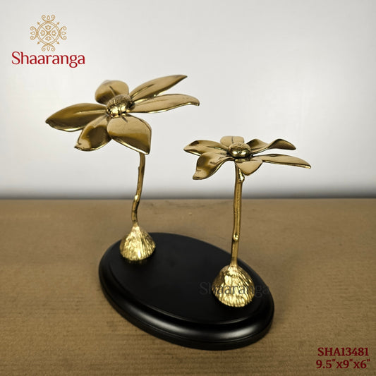 9.5 Inches Brass Two Flower with Wood Base