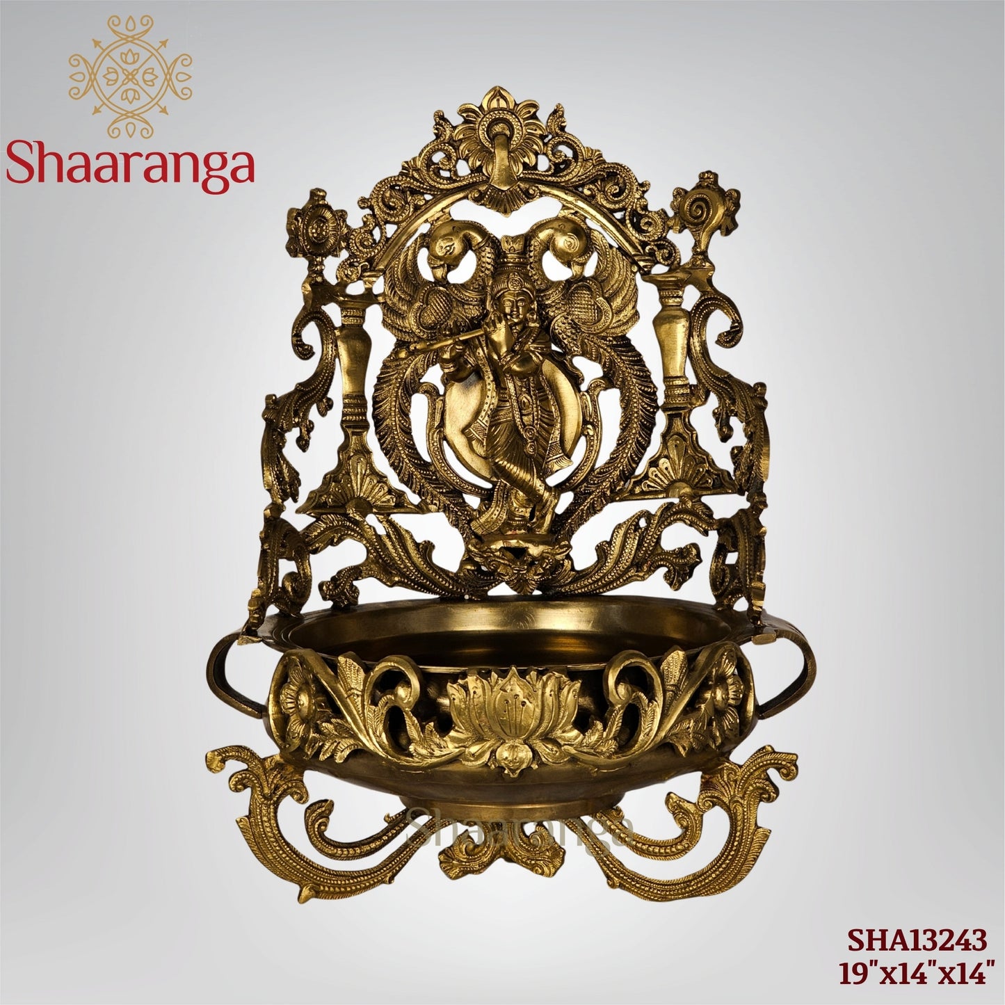 19 Inches Bronze Krishna Urli with intricate peacock and lotus design
