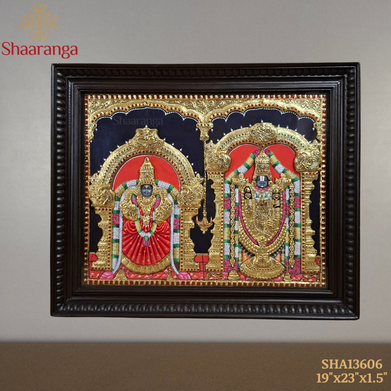 Venkateshwara & Padmavati Tanjore Painting | 19x23 Inches | Semi-Embossed 22K Gold | Shaaranga