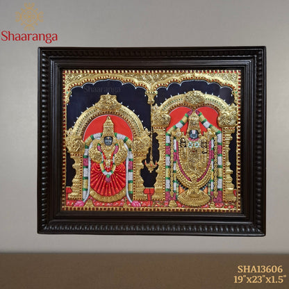 Venkateshwara & Padmavati Tanjore Painting | 19x23 Inches | Semi-Embossed 22K Gold | Shaaranga