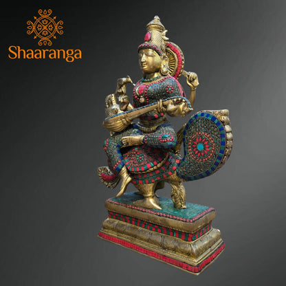 20 Inch Brass Saraswathi devi Idol Sitting On Swan with Stone work.