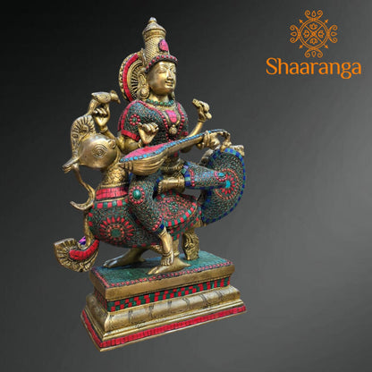 20 Inch Brass Saraswathi devi Idol Sitting On Swan with Stone work.