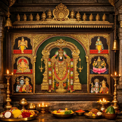 40x53  Customised Lord Venkateshwara Swamy Tanjore Painting with Divine Assembly – Shaaranga Masterpiece