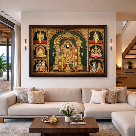 40x53  Customised Lord Venkateshwara Swamy Tanjore Painting with Divine Assembly – Shaaranga Masterpiece