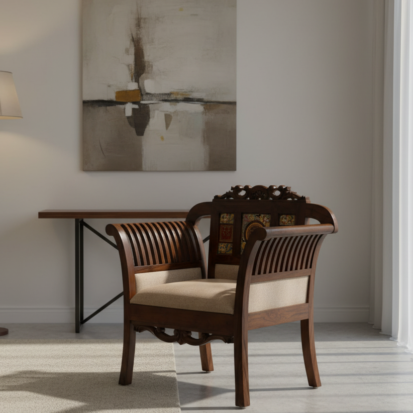 Alpha-I Single Seater Sofa with Cushioned Seat and Designer Back Rest in Walnut Colour (34x22x35)