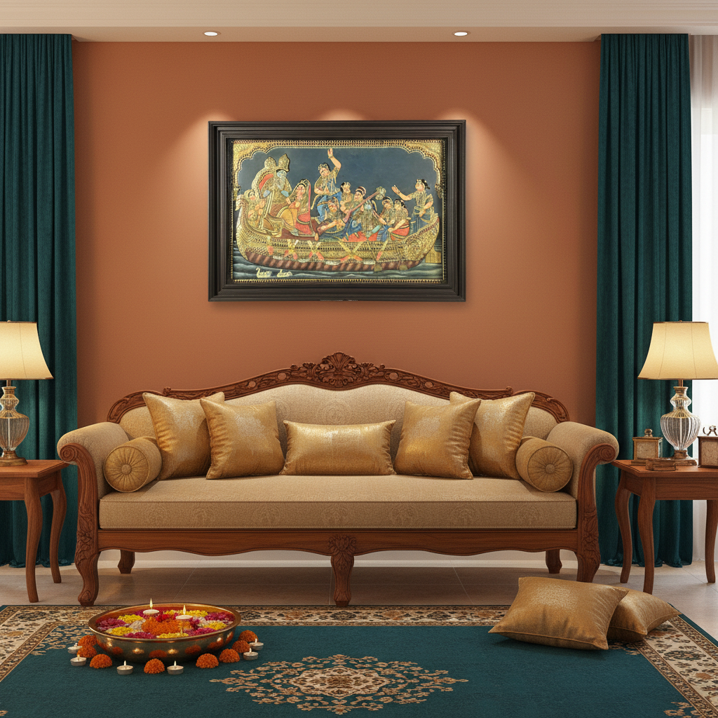 28 x 40 Inches Krishna Leela Tanjore Painting with Gopikas | 22K Gold Embossed Art