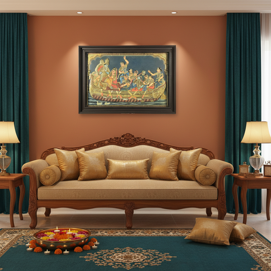 28 x 40 Inches Krishna Leela Tanjore Painting with Gopikas | 22K Gold Embossed Art