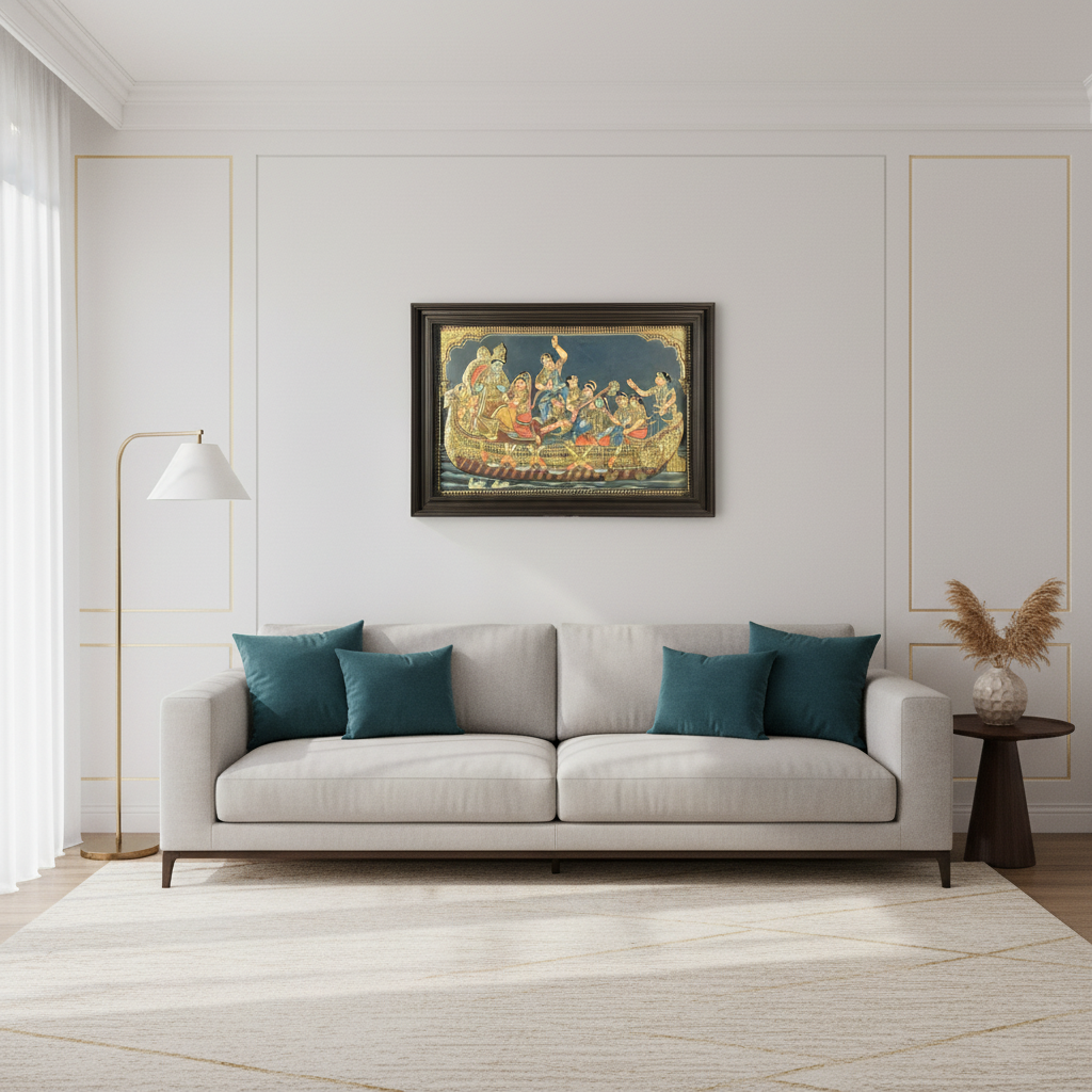 28 x 40 Inches Krishna Leela Tanjore Painting with Gopikas | 22K Gold Embossed Art