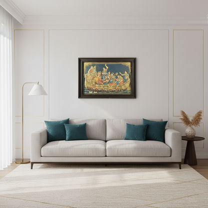 28 x 40 Inches Krishna Leela Tanjore Painting with Gopikas | 22K Gold Embossed Art